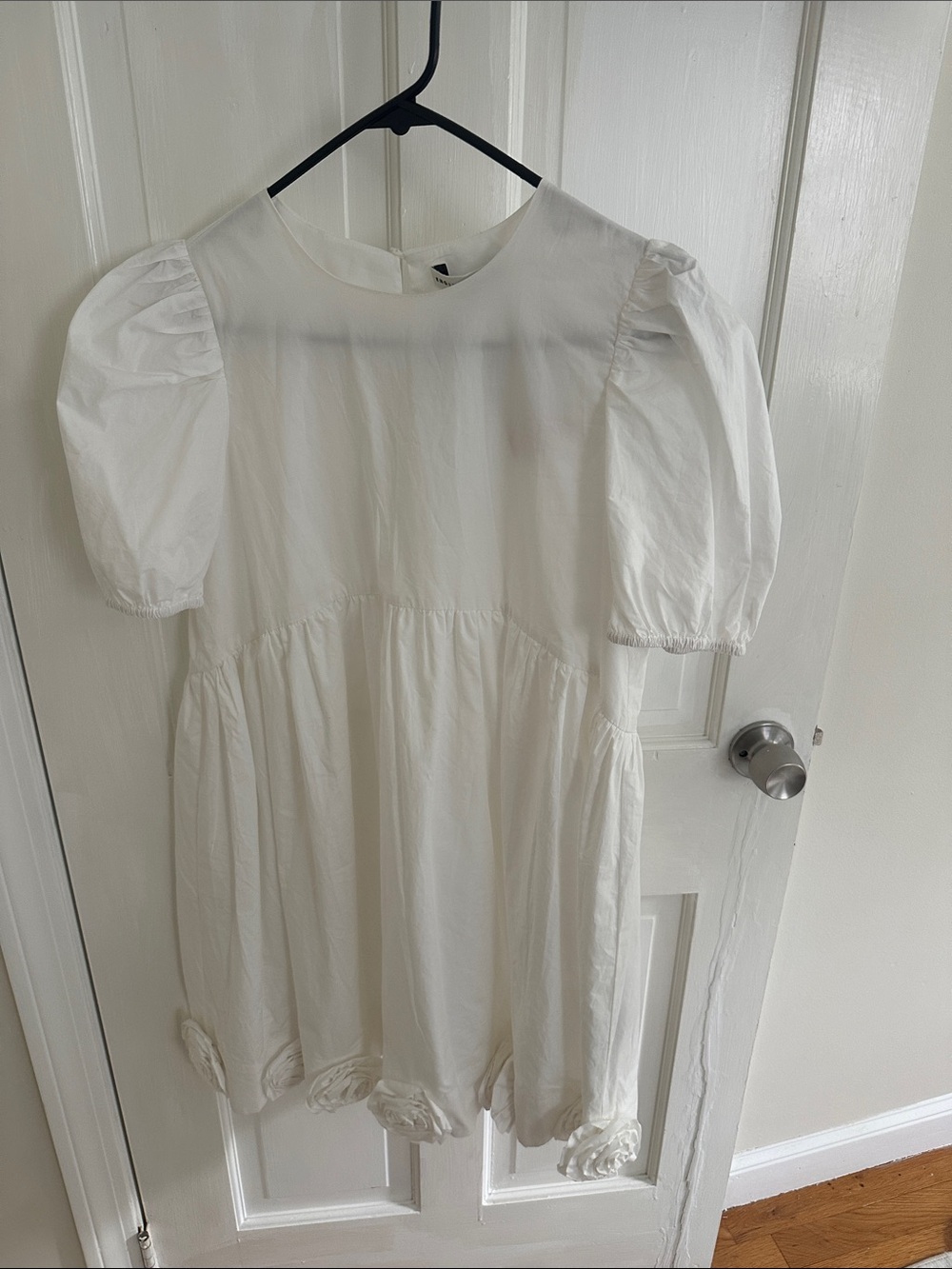 English Factory White Puff Sleeve Babydoll Dress with Rosette Hem